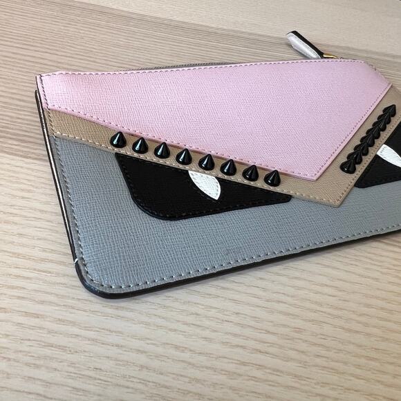 Fendi Vitello Elite Monster Eyes Studded Zip Pouch Ghiaccio Black Multicolor - Picture 8 of 10